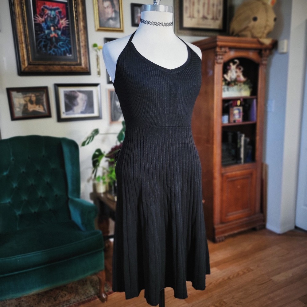 A New Day Midi Dress Black Ribbed Knit Halter Neck Fit Flare Sleeveless‎ NWT